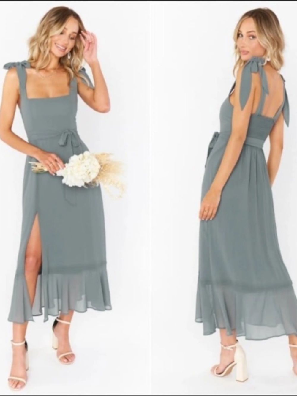 $180 Show Me Your Mumu Claire Midi Dress ~ Deep Sage Chiffon Bridal NWT Small